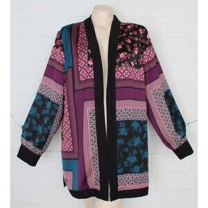Chico's 2 L 12 14 Jewel Tone Patchwork Print Long Open Duster Jacket
